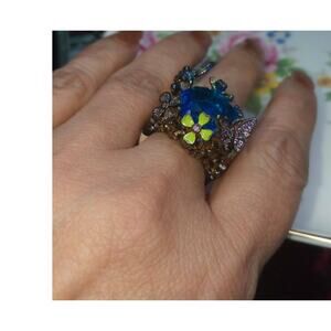 Sterling Silver 3D Statement Ring Blue Jeweled Flowers & Butterflies FZN 925